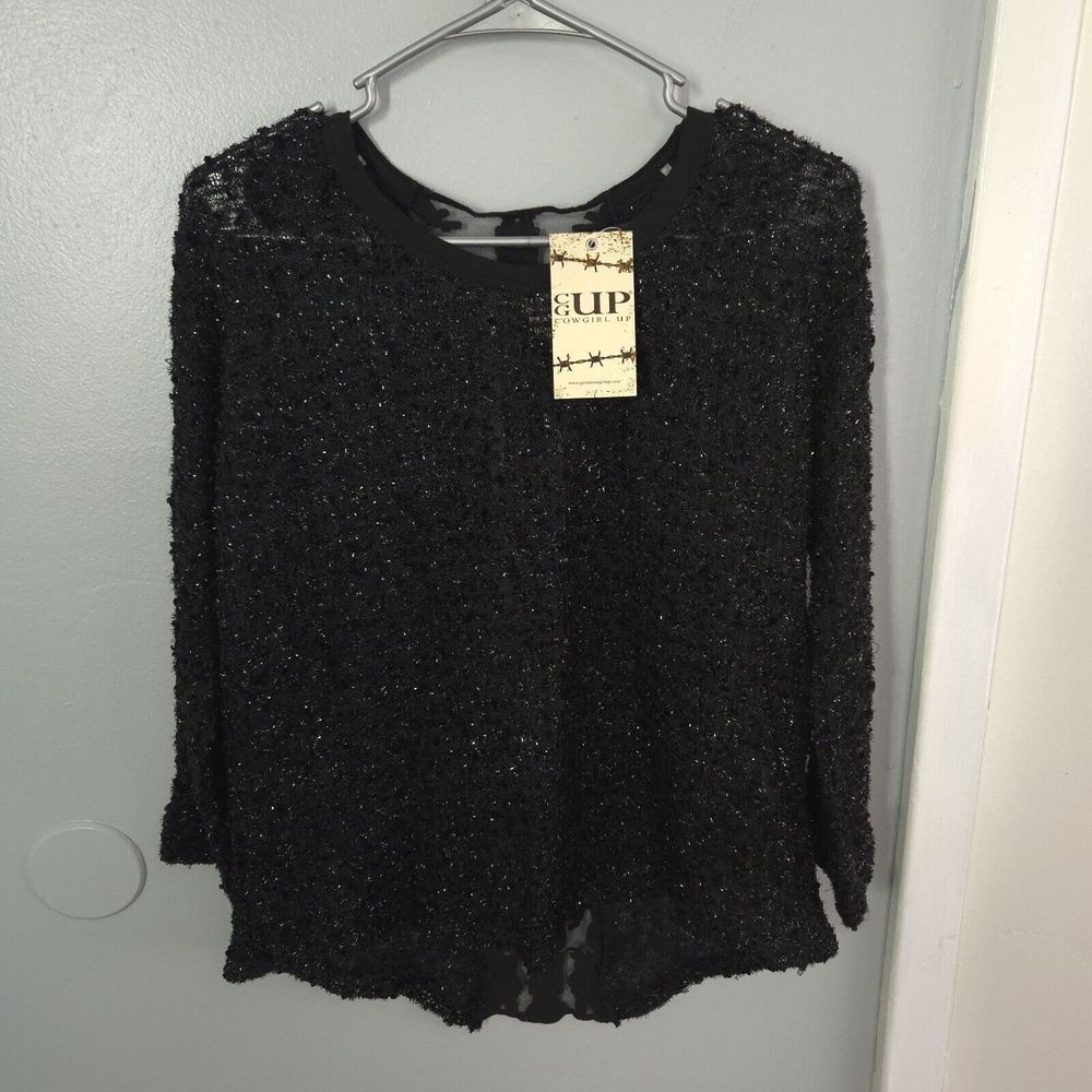 NWT Cowgirl Up Black Silver Sparkle Long Sleeve Party Glam Sweater Size Med Lace